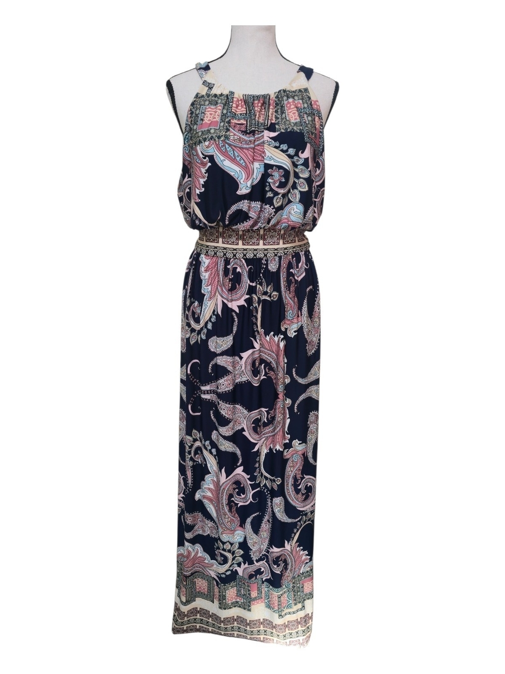 Gilli Navy Blue Pink Paisley Halter Maxi Dress Resort Large Event Boho Patchwork